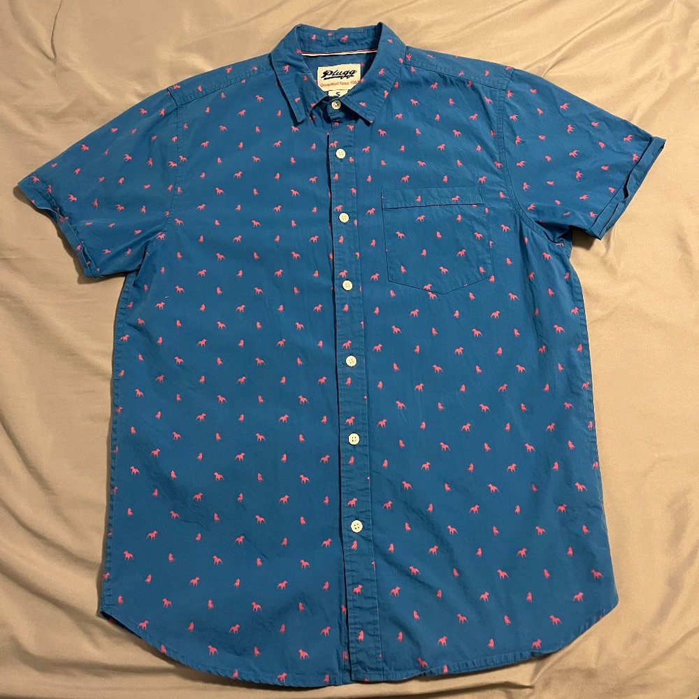 Plugg men's short sleeve button down shirt (S; blue with pink dog print)